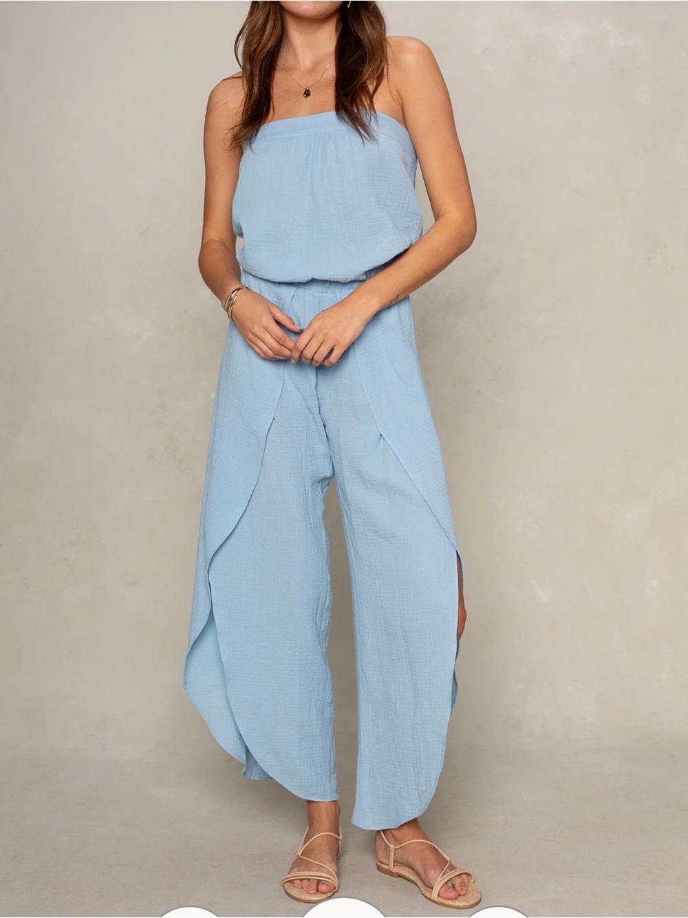 Isla, new with tags. Sz XS. Women’s Light Blue Strapless Wide-Leg Jumpsuit